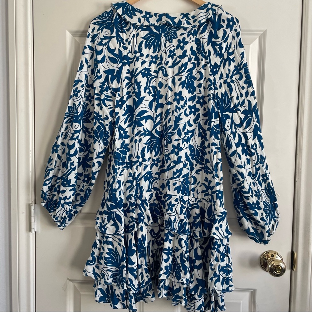 Free People Rebecca Blue and White Ruffled Floral Long Sleeve Dress Size M - Picture 3 of 14